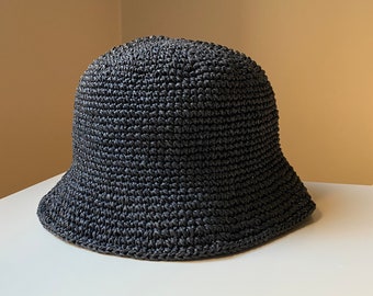 Trendy black raffia handmade crochet premium straw bucket sun hats, unisex summer beach vacation headwear