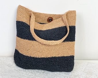 Natural straw raffia tote bag, handmade crochet shoulder bag