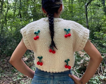 Handmade crochet 3D cherry vest, sleeveless sweater with 3D cherry