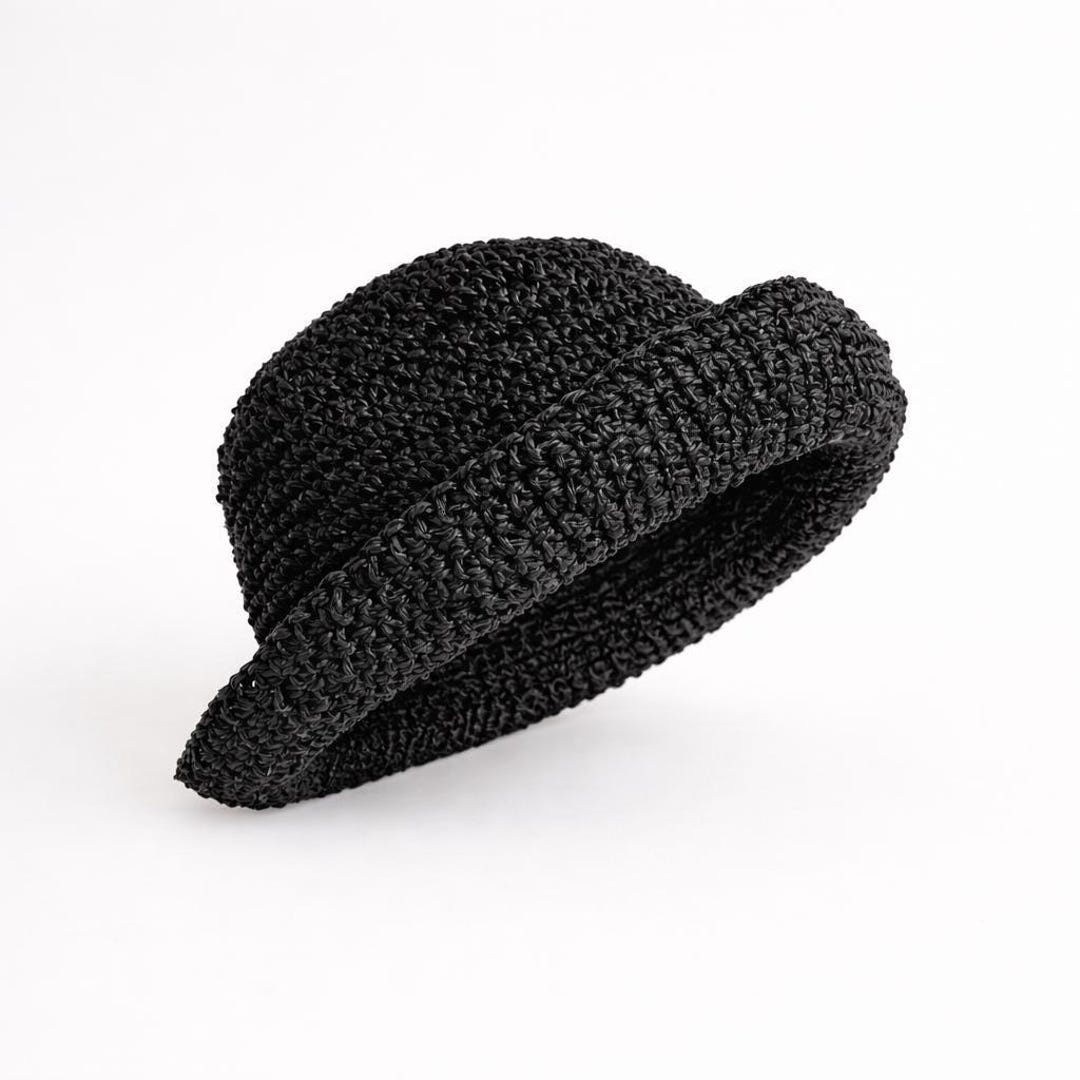 Handmade Black Raffia Crochet Bucket Sun Hat: Unisex Beach  display picture 1