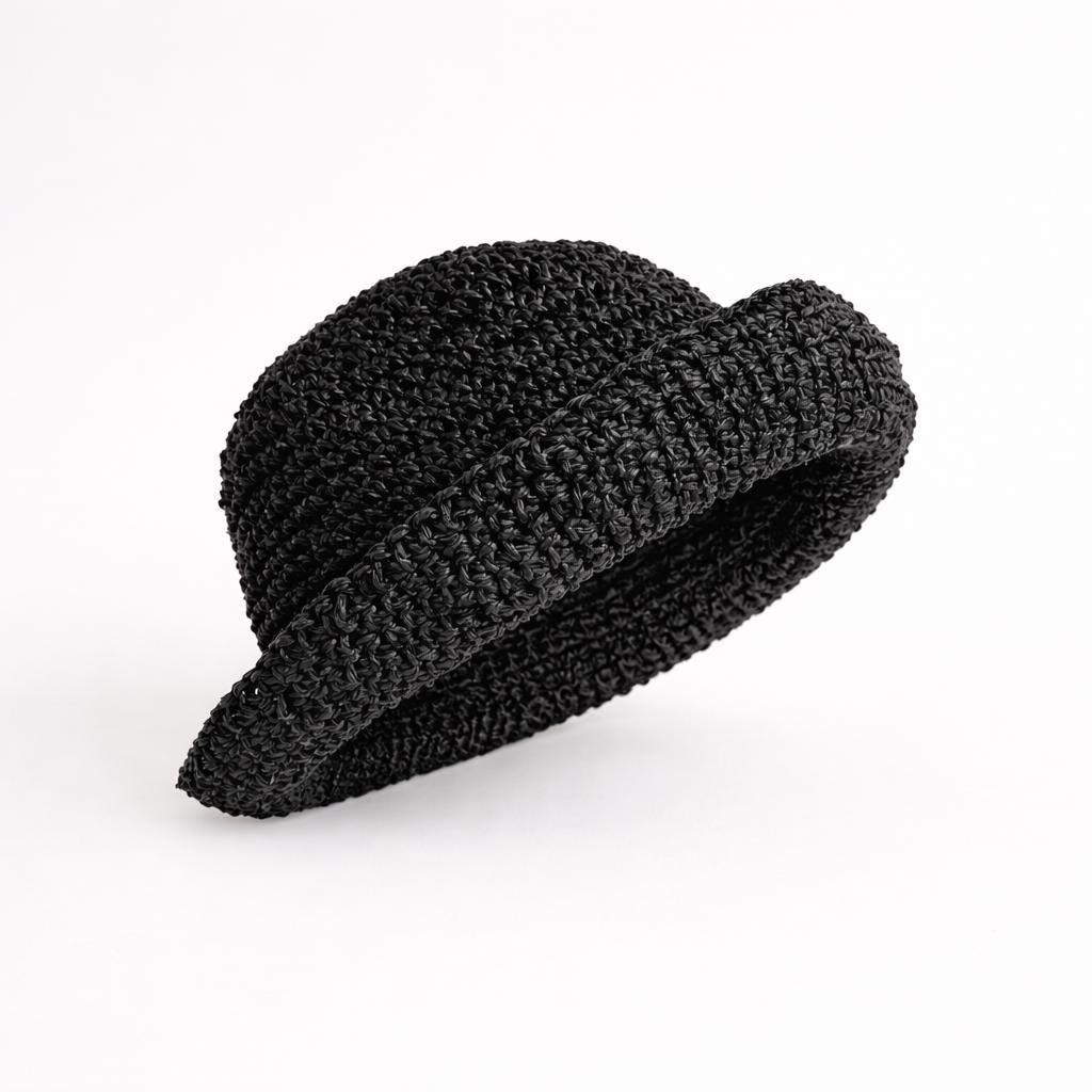 Handmade Black Raffia Crochet Bucket Sun Hat: Unisex Beach  display picture 3