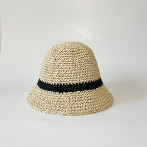 Black stripes wicker raffia bucket hat, summer cap gift for women and men