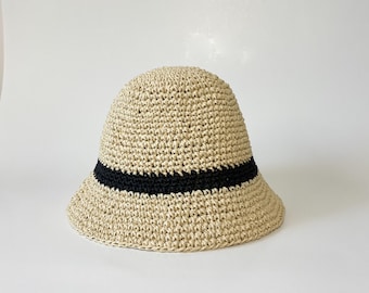 Black stripes wicker raffia bucket hat, summer cap gift for women and men