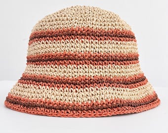 Handgemachte Gestreifte Häkeln Stroh Hut: Raffia Stricken Sommer Hut