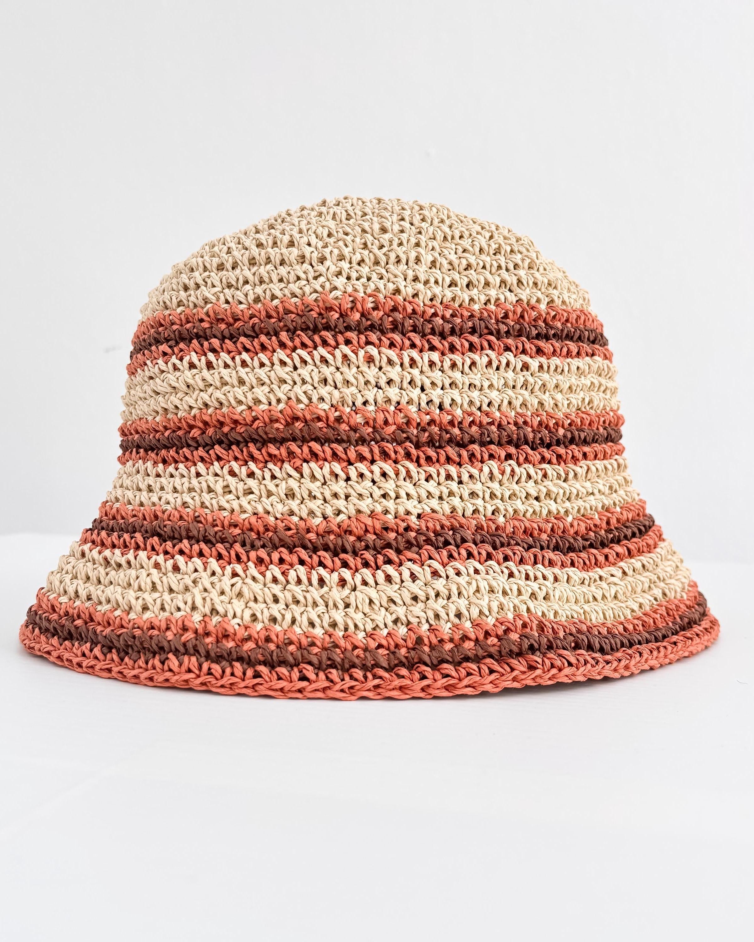Handmade Striped Straw Crochet Bucket Hat: Raffia Knit  display picture 2