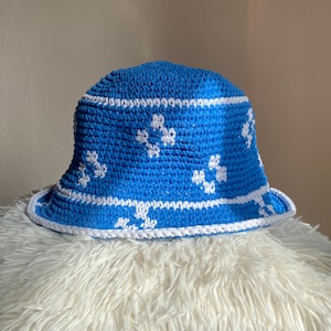 Blue and white flower crochet trendy bucket hat, hand knit cotton unique bucket hat