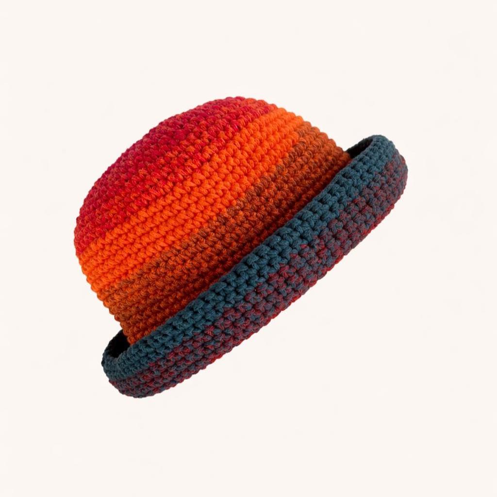 Hand Knit Multicolor Cotton Bucket Hat: Street Style Sun