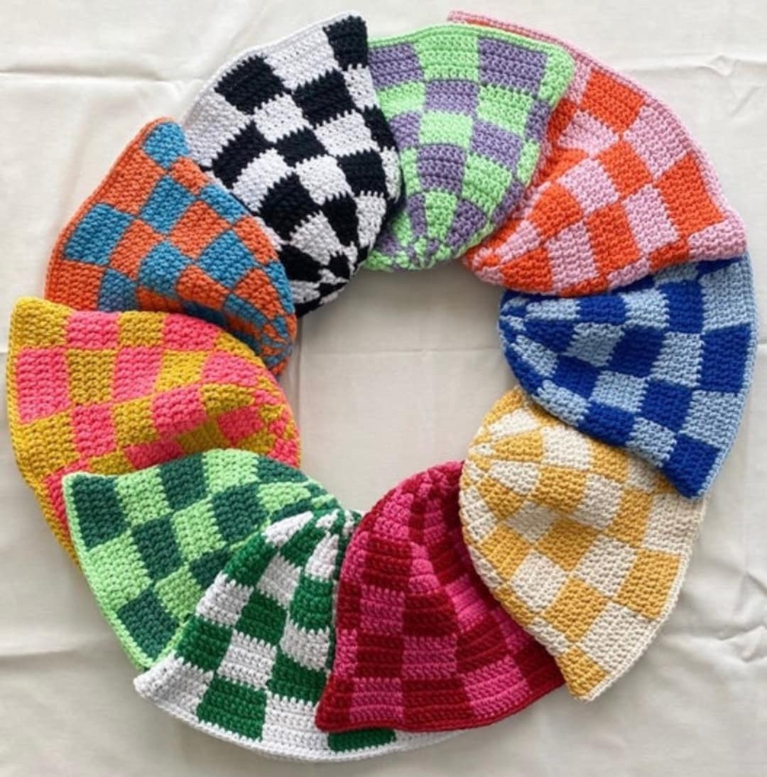 Hand Knit Checkered Bucket Hat, Crochet Trendy Bucket Hat - Etsy