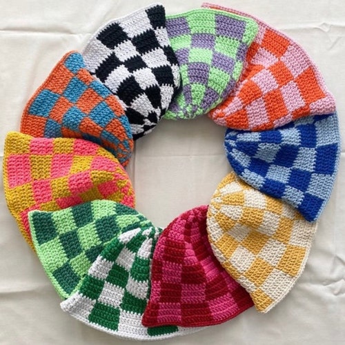 Hand Knit Checkered Bucket Hat Crochet Trendy Bucket Hat Etsy