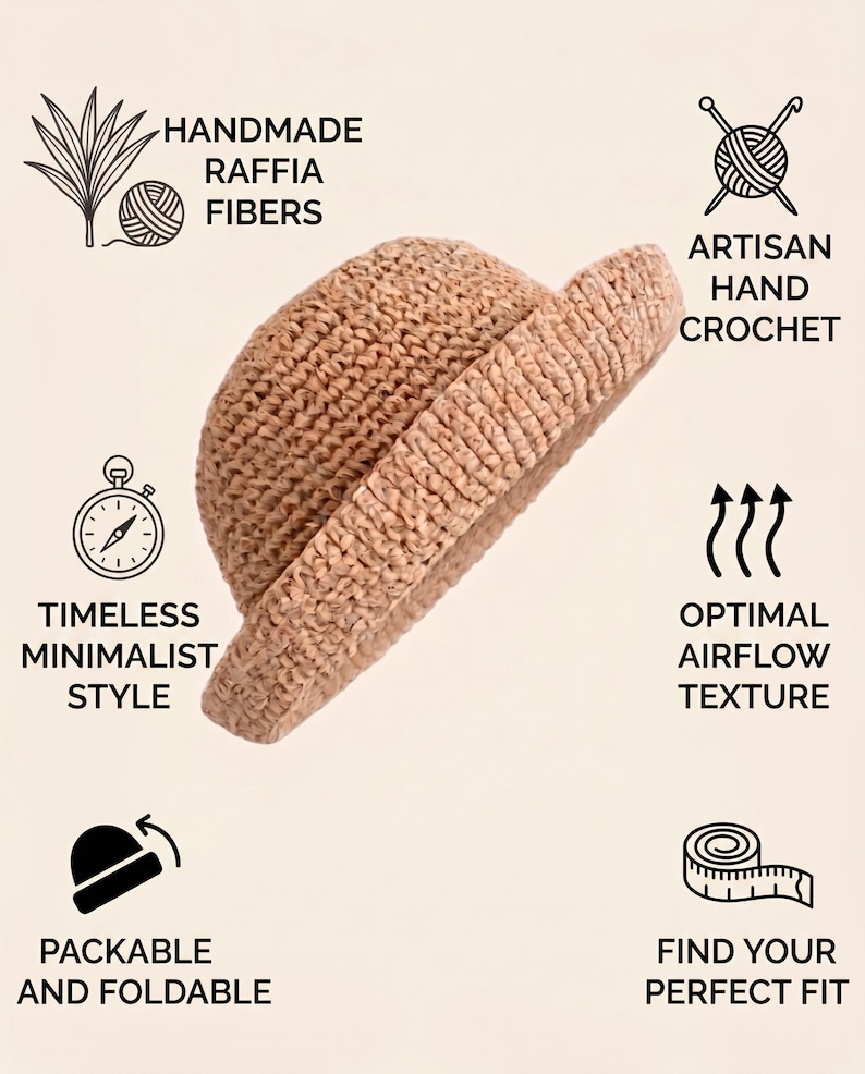 Puede incluir: Un sombrero marr&oacute;n claro, artesanal y tejido a mano, hecho de fibras de rafia. El sombrero presenta un dise&ntilde;o plegable y compacto con una textura de flujo de aire &oacute;ptima. La imagen incluye texto que dice: "Handmade Raffia Fibers", "Artisan Hand Crochet", "Timeless Minimalist Style", "Optimal Airflow Texture", "Packable and Foldable" y "Find Your Perfect Fit".