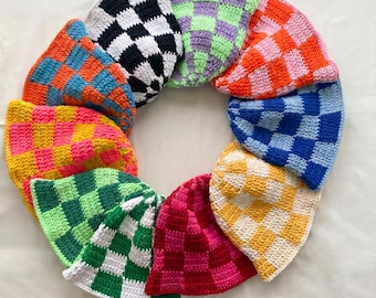 Hand Knit Checkered Bucket Hat: Y2K Cotton Crochet, Unisex Street Style