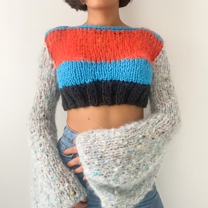 Crochet crop top, crochet long sleeve top, handmade colorful top, harajuku patchwork colorful crochet sweater, christmas gift, Xmas sweater