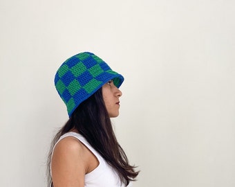 Blue and green hand knit checkered bucket hat, trendy bucket hat