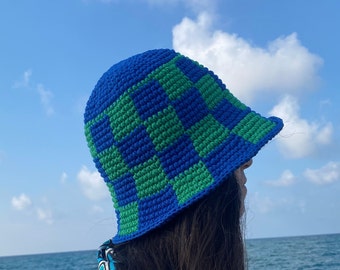 Hand Knit Checkered Bucket Hat: Blue & Green Cotton Crochet