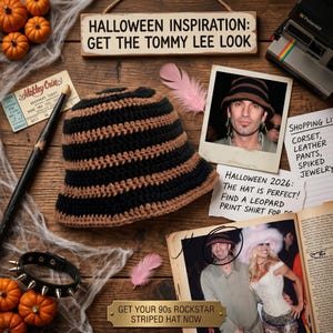 May include: A black and brown striped crochet hat, inspired by 90s rockstar fashion, sits on a wooden surface. The image includes a Polaroid camera, a studded collar, and a sign that reads "Halloween Inspiration: Get the Tommy Lee Look."