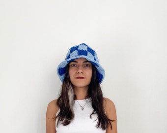 Blue and light blue hand knit checkered bucket hat, dua lipa trendy bucket hat