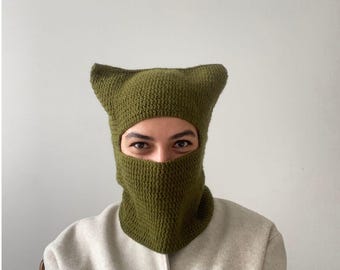 Hand Knitted Cat-Eared Balaclava: Wool Blended Unisex Crochet Winter Hat