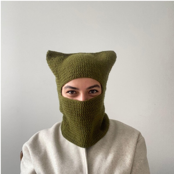 Handgestrickte Katze-Ohr Balaclava: Wolle gemischt Unisex häkeln Wintermütze
