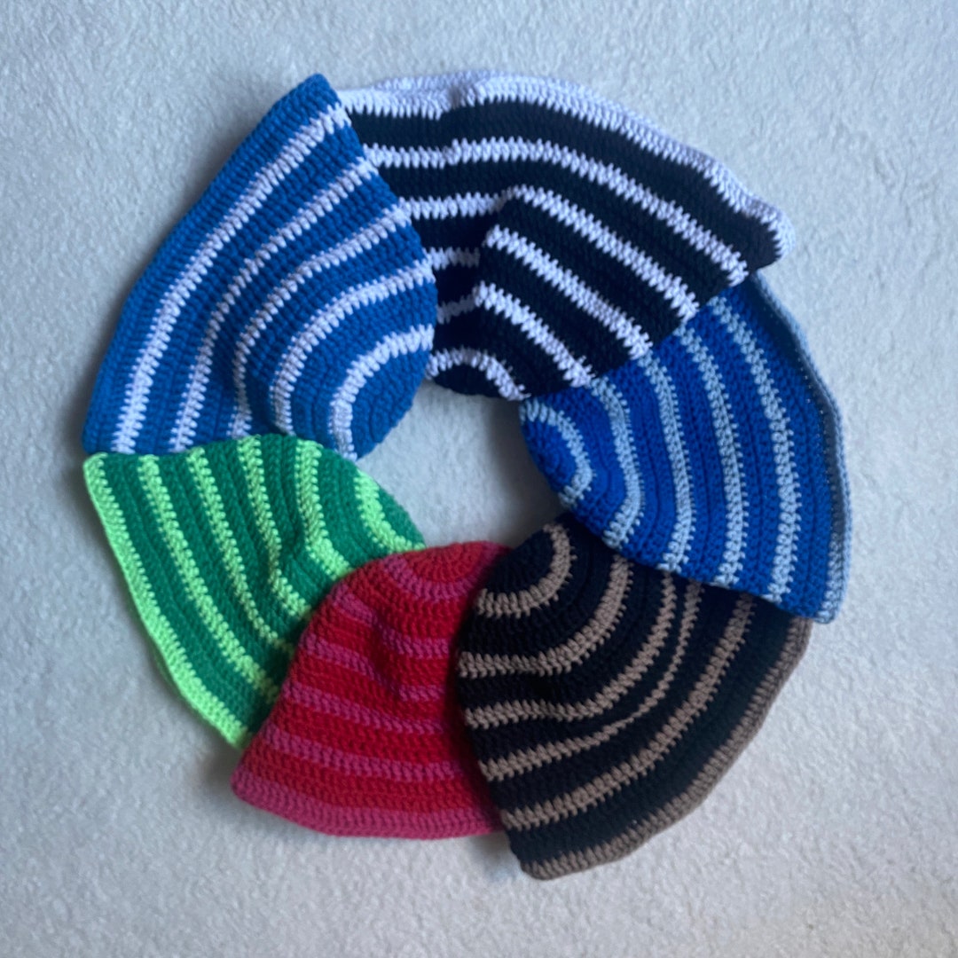 Striped Hand Knit Bucket Hat, Y2k Fashion Trendy Bucket Hat, Cotton Bucket Hat Etsy