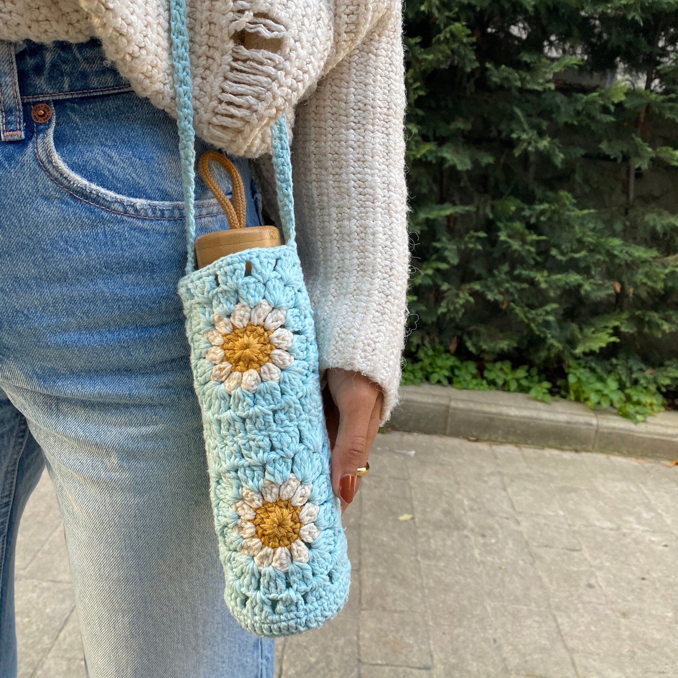 Crochet Water Bottle Holder with Phone Pocket & Adjustable Strap