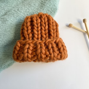 Camel chunky knit winter beanie with pompom, handmade merino wool hat
