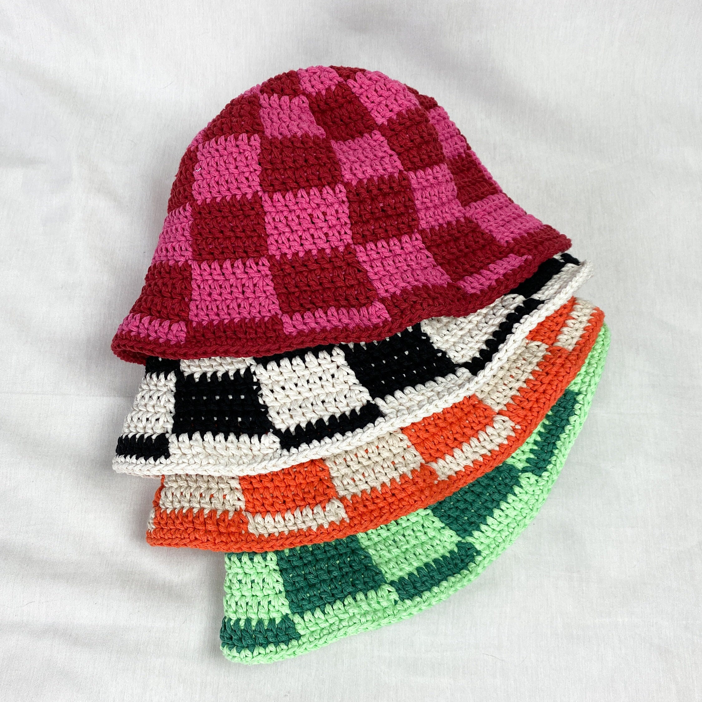 Red and Pink Hand Knit Checkered Bucket 