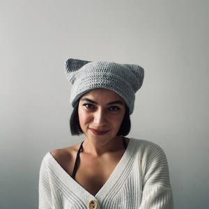 Hand Knit Grey Cat Ear Beanie: Unisex Winter Hat