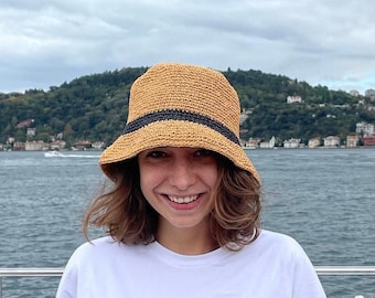 Striped Raffia Bucket Hat: Summer Sun Hat