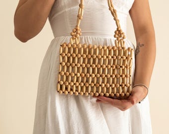 Handmade Wooden Beaded Bag – Boho Summer Purse, Natural Minimalist Clutch