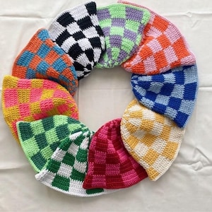 Hand Knit Checkered Bucket Hat: Y2K Cotton Crochet Hat