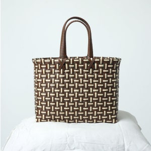 Monc : sac de plage et de marché marron et crème, sac fourre-tout tissé, mode durable, sac minimaliste - cadeau pour petite amie et cadeau pour mère
