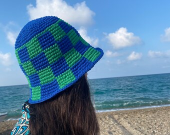 Hand Knit Checkered Bucket Hat: Blue & Green Cotton Crochet  display picture 3