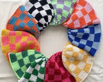 2 pieces hand knit checkered bucket hat, y2k fashion trendy bucket hat