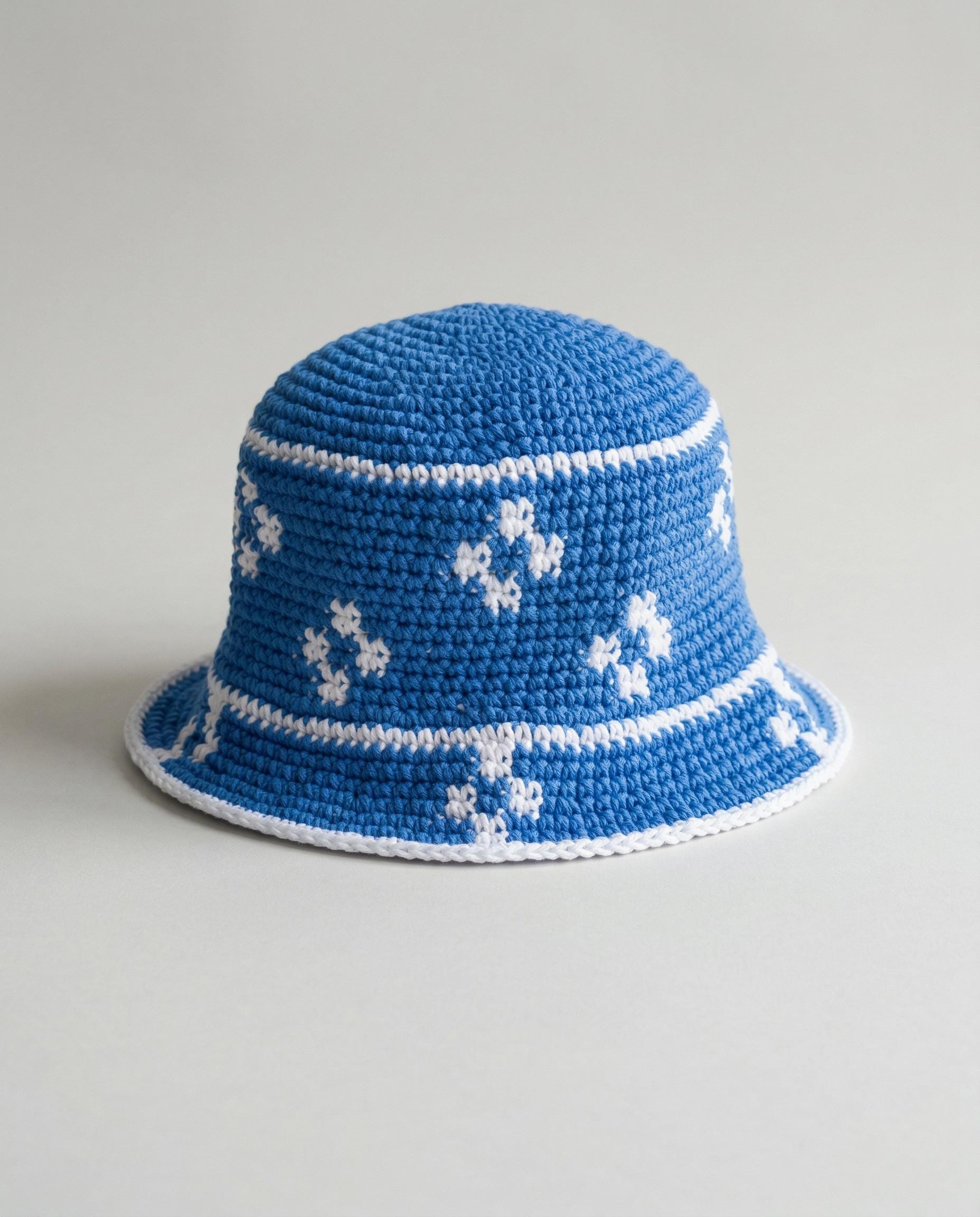Hand Knit Cotton Bucket Hat: Blue and White Crochet Flower  display picture 2