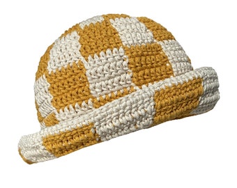 Yellow and cream hand knit checkered bucket hat, dua lipa trendy bucket hat