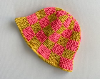 Yellow and neon pink hand knit checkered bucket hat, dua lipa trendy bucket hat