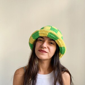 Hand Knit Checkered Bucket Hat: Green & Yellow Cotton