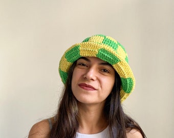 Green and yellow hand knit checkered bucket hat, trendy bucket hat