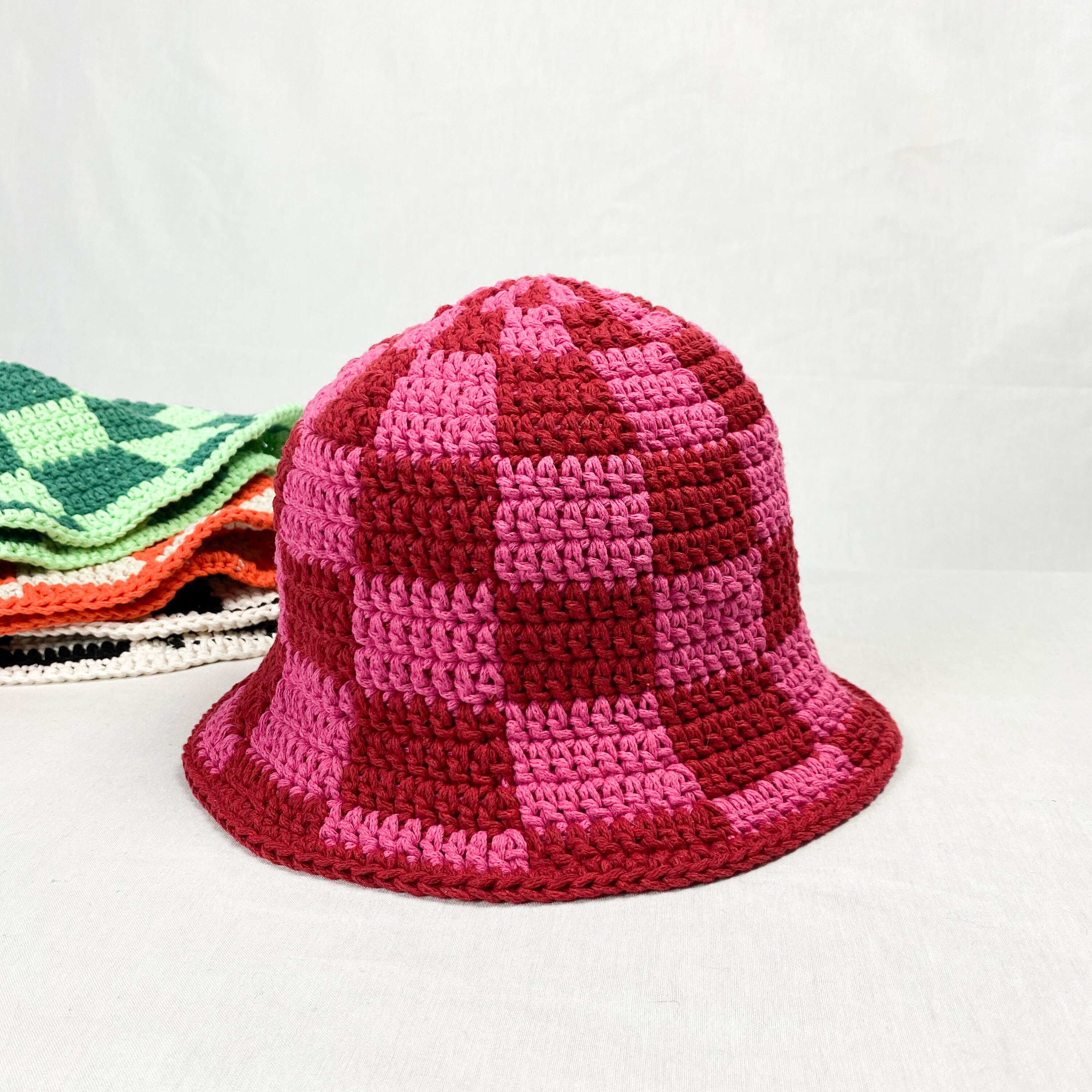 Red and Pink Hand Knit Checkered Bucket 