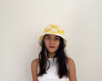 Cream and yellow hand knit checkered bucket hat, trendy bucket hat