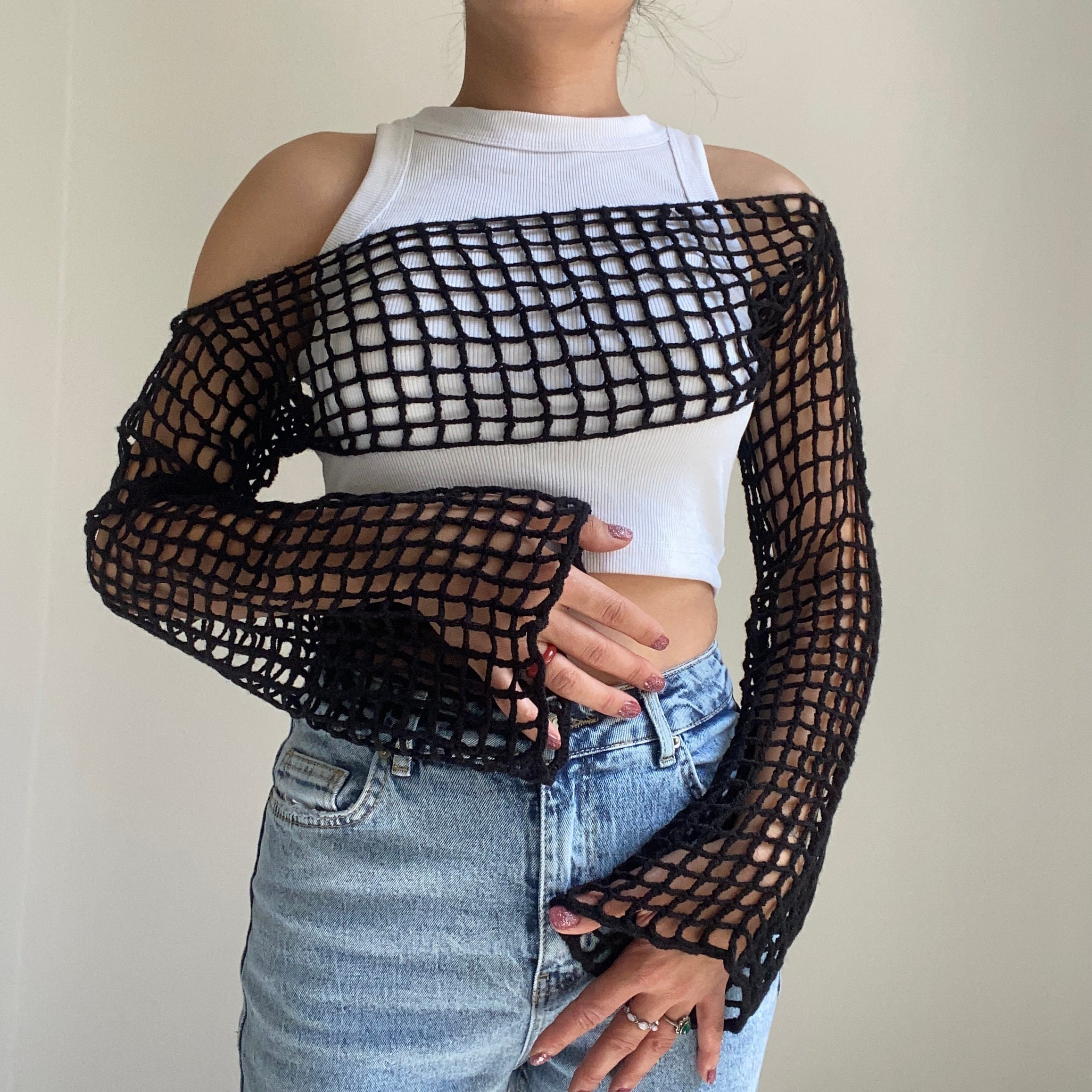 Womens Long Sleeve Fashion Crop Top Fishnet Crochet Solid Color