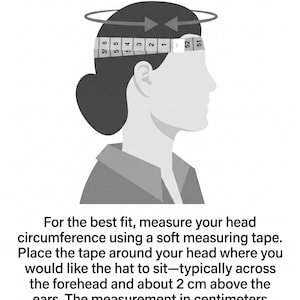 May include: Illustration showing how to measure head circumference for a hat. A measuring tape is wrapped around a person's head, with numbers visible. Text explains the process, emphasizing the importance of measuring in centimeters for custom hat sizing.