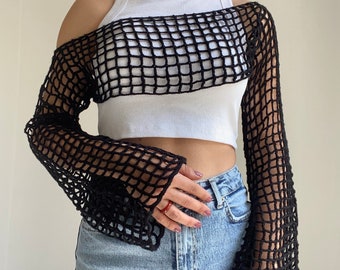 Crochet black fishnet sleeves crop top, Mesh crop top, y2k knitted crop top