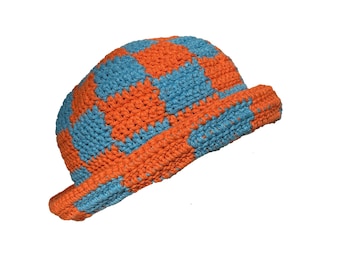 Orange and  turquoise hand knit checkered bucket hat, dua lipa trendy bucket hat