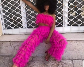 2 Pc Top & Pants Set, Ruffled Tulle Top,  Available in Colours, Tiered Tube Top, Multilayered Pants, Tulle Pants, Birthday Dress, Crop Tops
