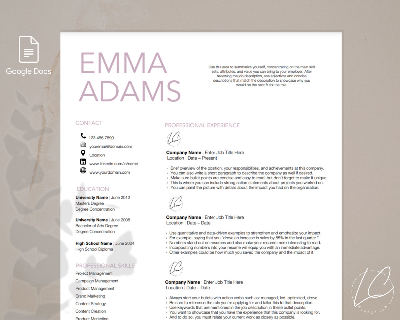 Modern, Professional Resume Template for Google Docs | 1, 2, 3 Page ...