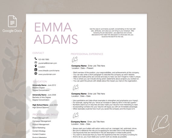 Modern Professional Resume Template for Google Docs 1 2 3 | Etsy