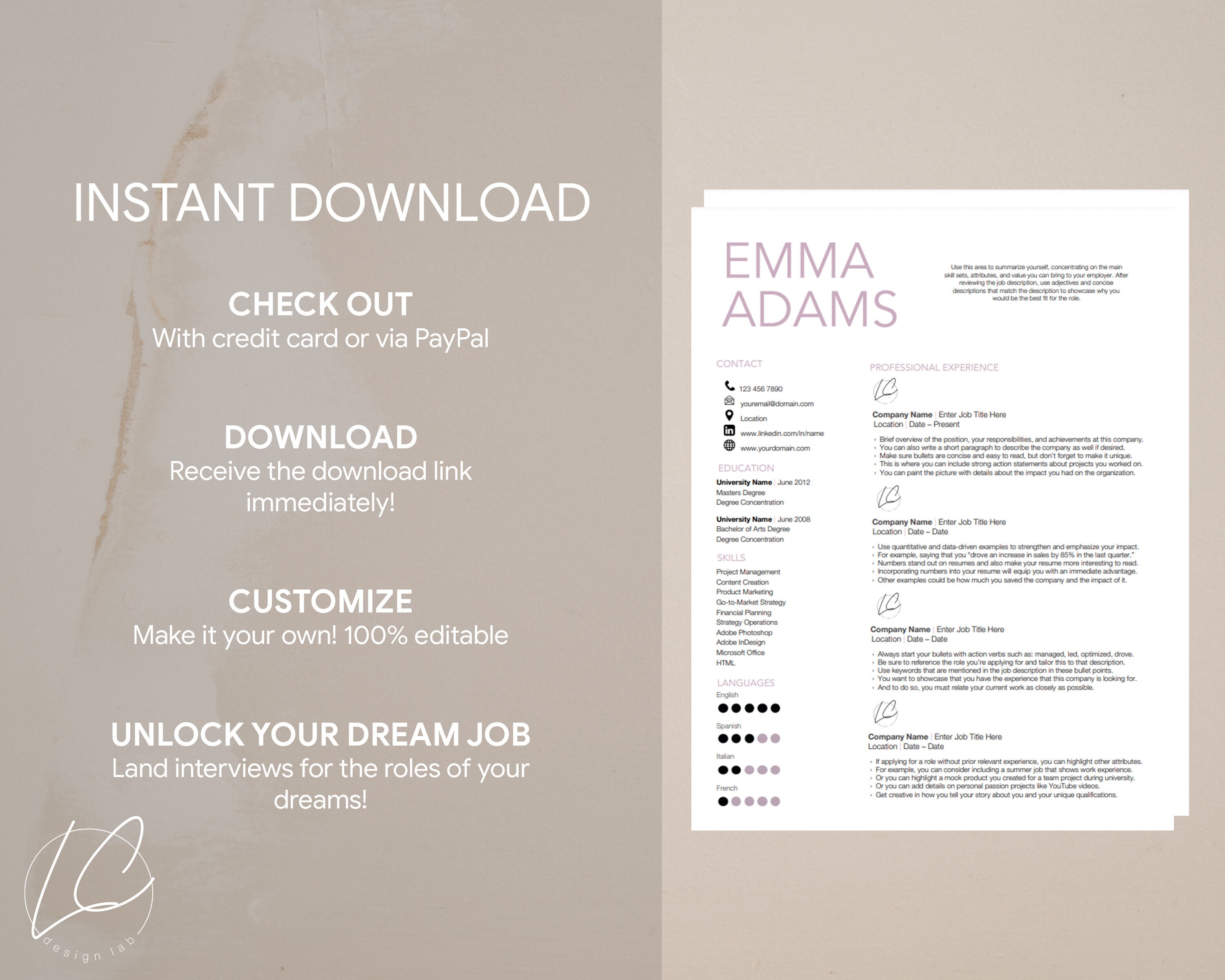 Modern, Professional Resume Template for Google Docs 1, 2, 3 Page ...
