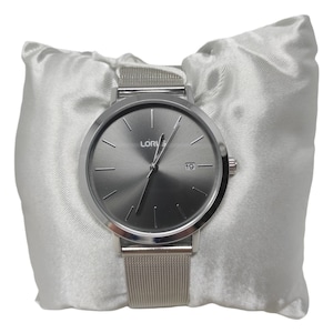 May include: A silver-toned watch with a mesh band and a gray face. The watch face has a silver-toned Lorus logo and silver-toned hands.