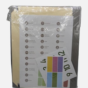 May include: A grey document organiser folder encased in clear plastic, containing a white sheet with various category labels like insurance, medical, and receipts, alongside a set of numbered and coloured adhesive tab stickers.